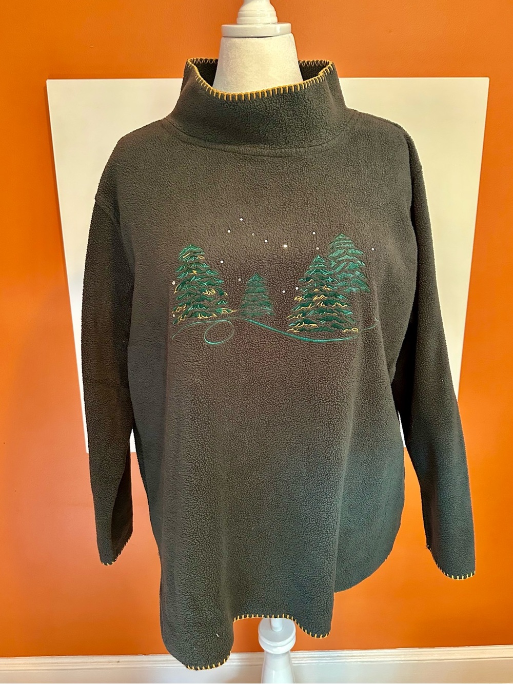 Coldwater Creek Vintage Embroidered Pine Tree Fleece Pullover Sweater 1X